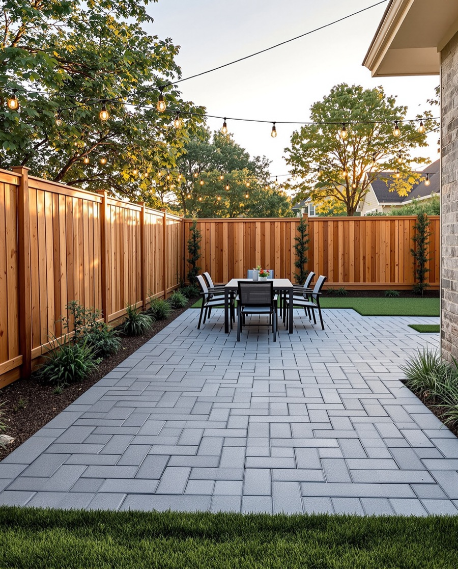A finished paver patio with a new cedar fence, a dining table and string lights